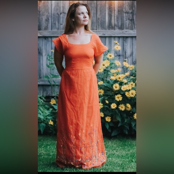 Vintage Dresses & Skirts - Vintage orange embroidered polka dot maxi dress, size S (no stretch)